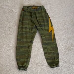 Aviator Nation Green Camo Joggers with Yellow Lightning Bolt